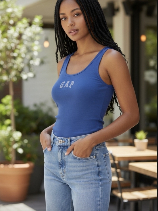 GAP Tops - GAP Blue Ribbed Scoop Tank Top With Gap Logo In White